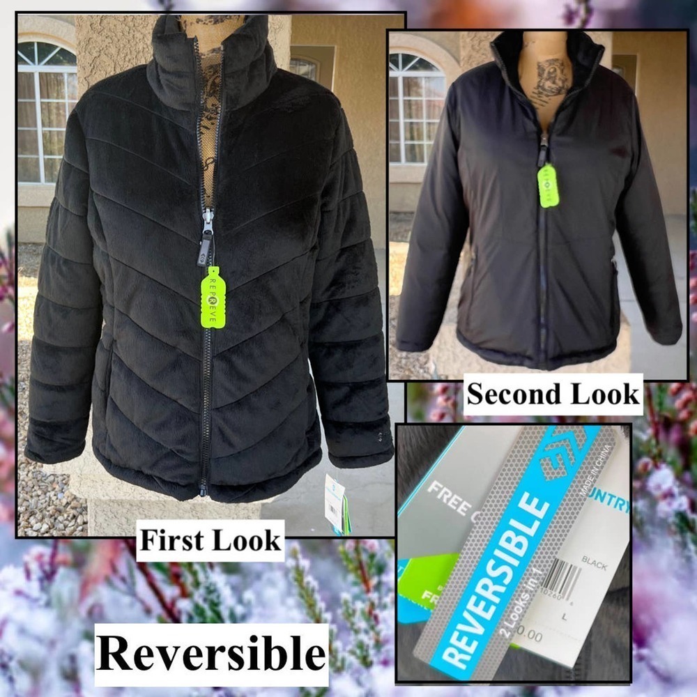 Free Country Reversible Quilted Butter Pile Smooth Puffer Jacket Blk Sz …